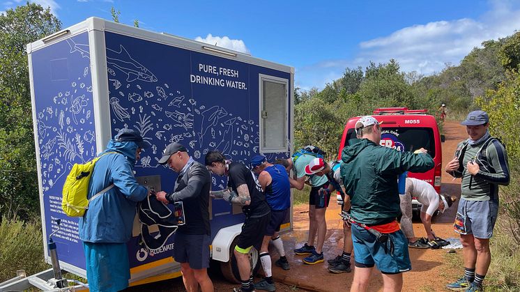 Hydrating is key for ultra distance runners so the Bluewater refill station is more than a welcome sight during the awesome Cape Town Trail test of endurance