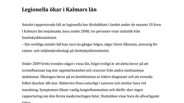 Legionella ökar i Kalmars län
