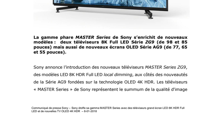 Sony étoffe sa gamme MASTER Series avec des téléviseurs grand écran 8K HDR Full LED et de nouvelles TV OLED 4K HDR