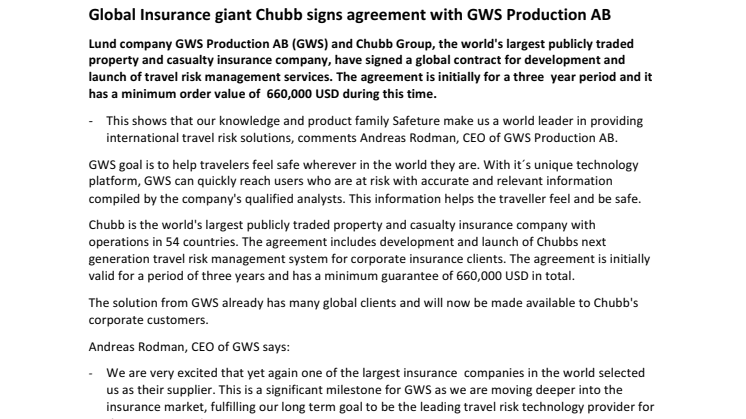 Global Insurance giant Chubb signs agreement with GWS Production AB