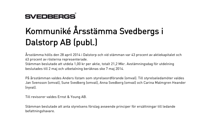 Kommuniké Årsstämma Svedbergs i Dalstorp AB (publ.)