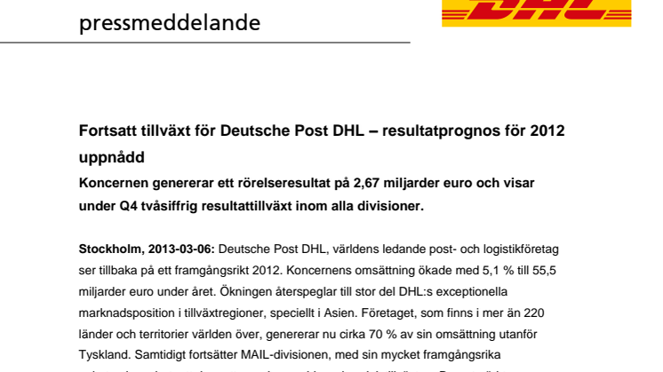 Fortsatt tillväxt för Deutsche Post DHL – resultatprognos för 2012 uppnådd