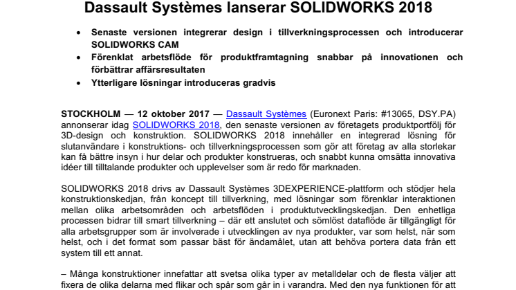 ​Dassault Systèmes lanserar SOLIDWORKS 2018