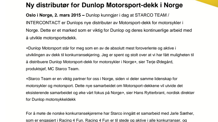 Ny distributør for Dunlop Motorsport-dekk i Norge