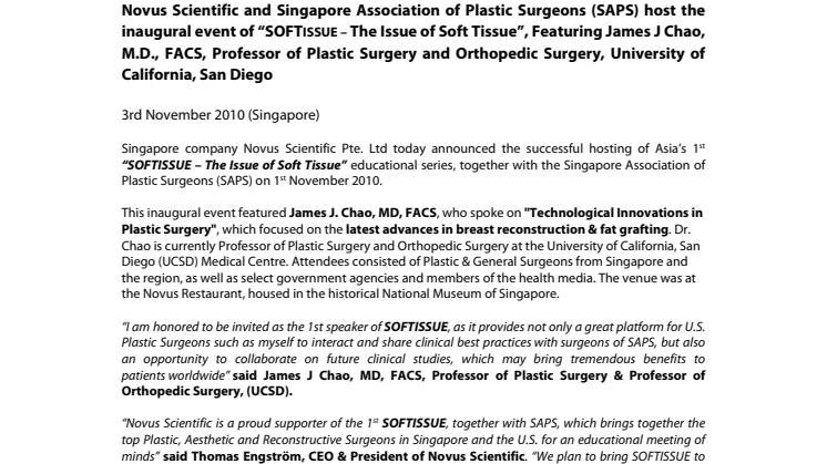 Novus Scientific and Singapore Association of Plastic Surgeons (SAPS) host the inaugural event of “SOFTISSUE – The Issue of Soft Tissue”