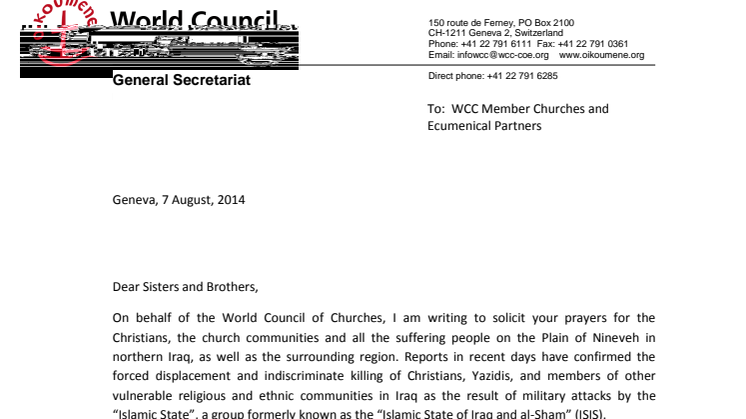 Kyrkornas världsråd vädjar för kristna i Irak