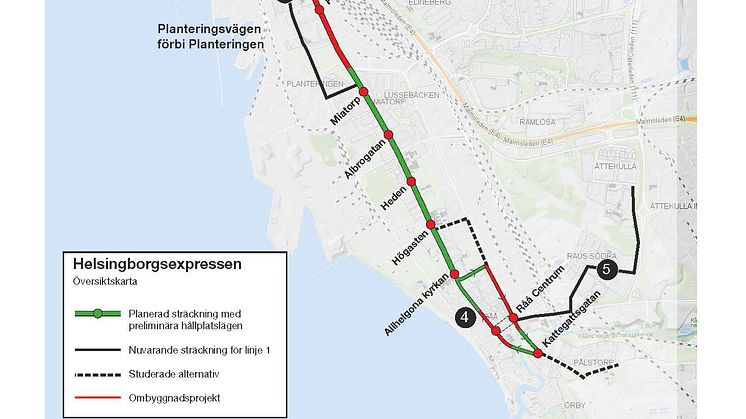 Skiss sträckning Helsingborgsexpressen. Planerad sträckning med preliminära hållplatslägen