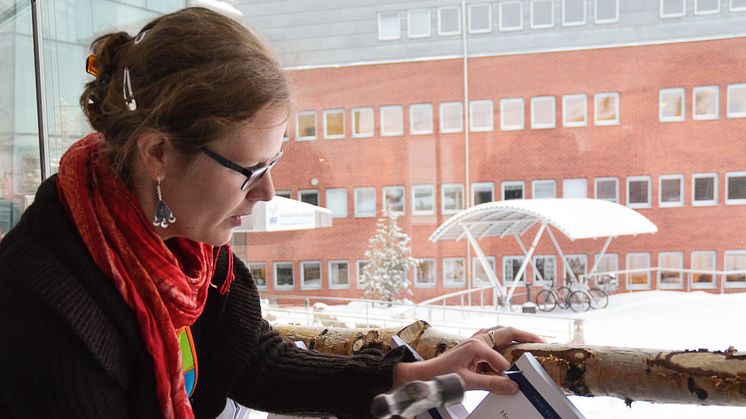 Audrey Schillings ”nails” her thesis, about oxygen outflow from the Earth's atmosphere, at the Space Campus in Kiruna, Sweden. Photo: Annelie Klint Nilsson, IRF