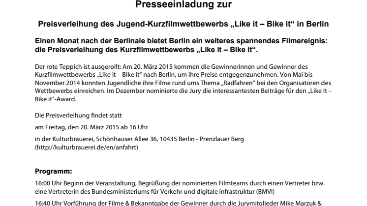 Preisverleihung des Jugend-Kurzfilmwettbewerbs „Like it – Bike it“ am 20. März in Berlin