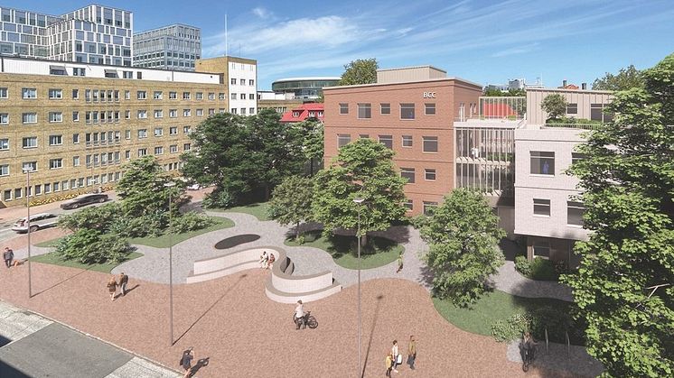 Enligt förslaget ska ett fysiskt centrum för bröstcancervården placeras på Fritz Bauers gata på sjukhusområdet i Malmö. Bilden är en skiss i ett tidigt skede av projektet för att undersöka om fastigheten är lämplig för byggnaden.