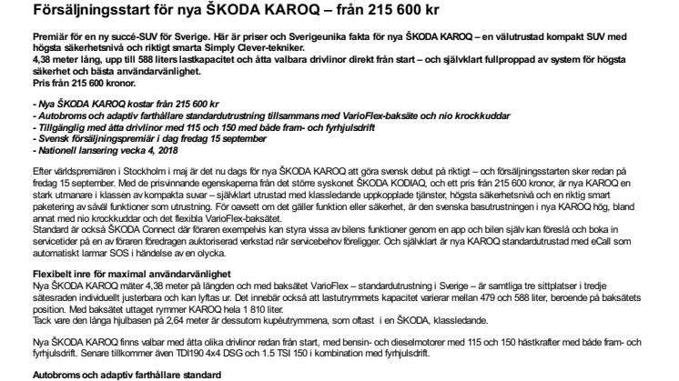 Försäljningsstart för nya ŠKODA KAROQ – från 215 600 kr