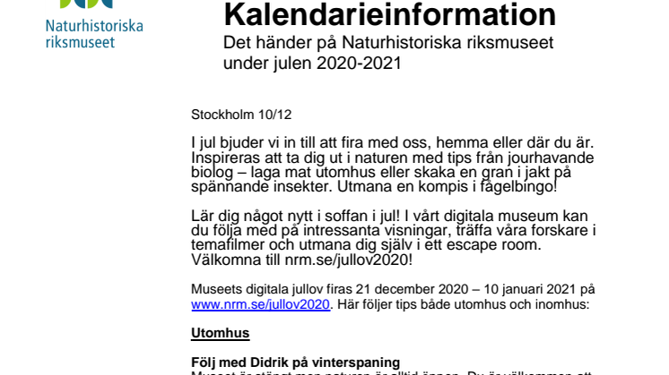 Fira jullov hemma med oss! Det händer på Naturhistoriska riksmuseet under julen 2020-2021