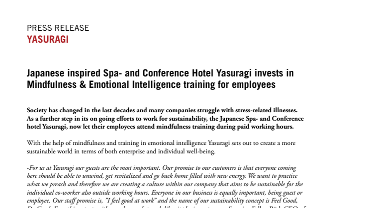 Japanese inspired Spa- and Conference Hotel Yasuragi invests in Mindfulness & Emotional Intelligence training for employees