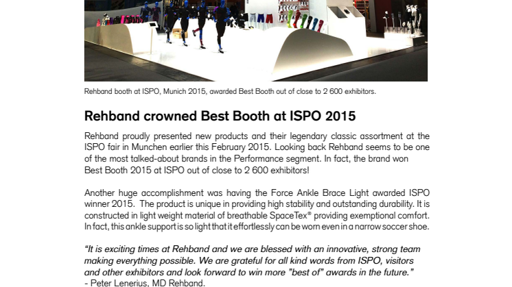 Rehband awarded Best Booth at ISPO