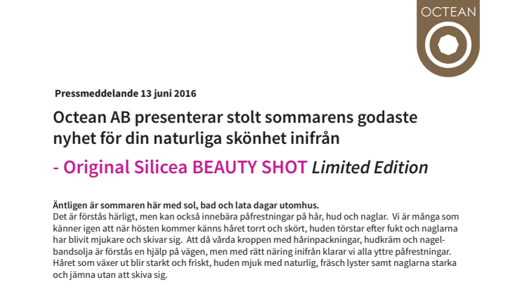 Octean AB presenterar stolt sommarens godaste  nyhet för din naturliga skönhet inifrån  - Original Silicea BEAUTY SHOT Limited Edition 