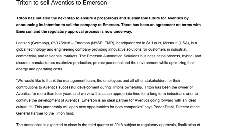 Triton to sell Aventics to Emerson 