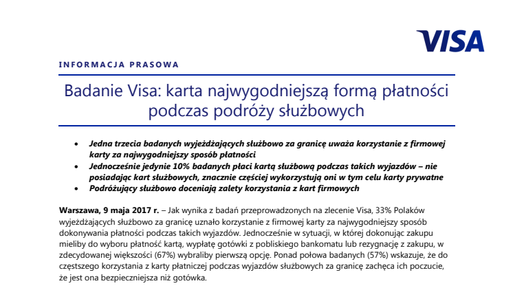 Badanie Visa: karta najwygodniejszą formą płatności podczas podróży służbowych