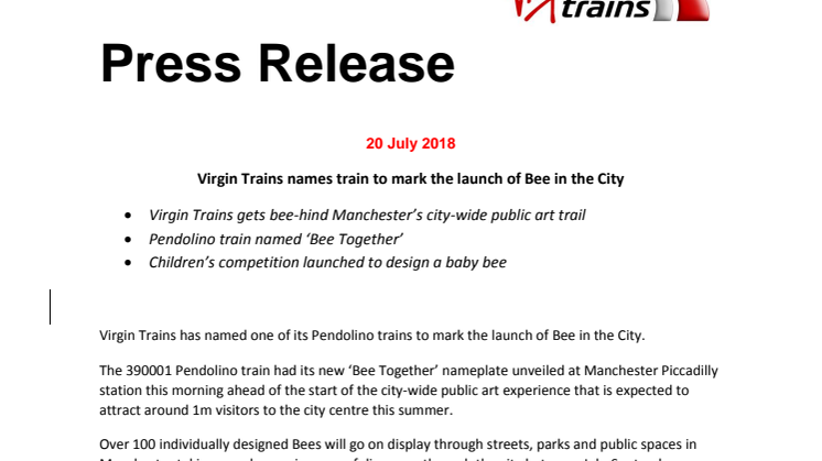 Virgin Trains names train to mark the launch of Bee in the City 