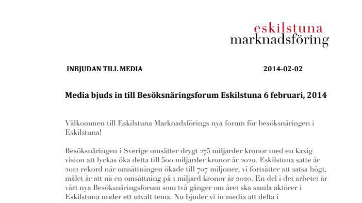 Media bjuds in till Besöksnäringsforum Eskilstuna
