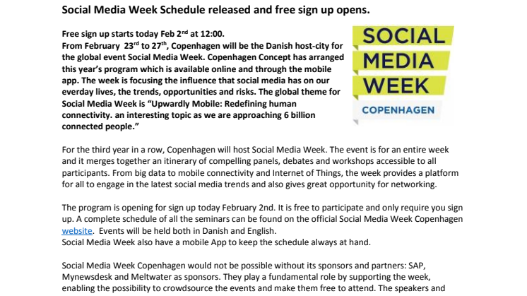 Social Media Week Copenhagen Schedule released and free sign up opens. 