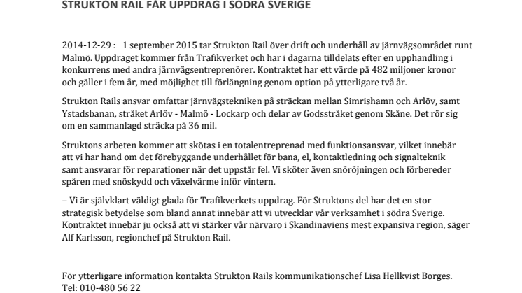 STRUKTON RAIL FÅR UPPDRAG I SÖDRA SVERIGE