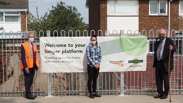 On Goring-by-Sea's extended platform: Patrick Gallagher, Network Rail Senior Programme Manager; Rachel Halliday, Station Manager;  and Sir Peter Bottomley MP