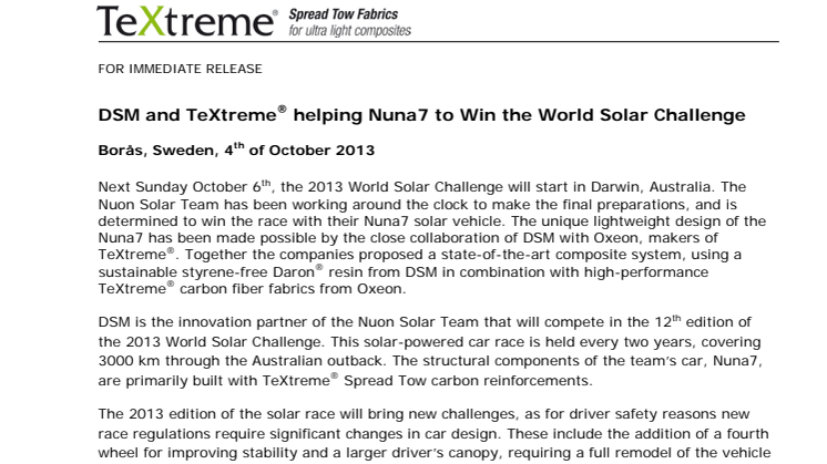 DSM and TeXtreme® helping Nuna7 to Win the World Solar Challenge
