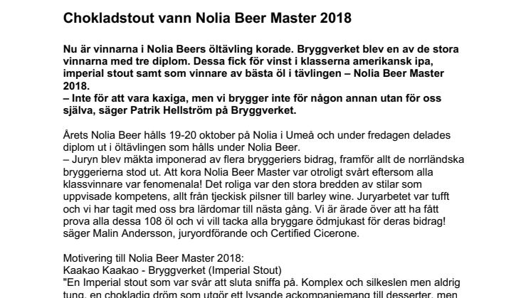 Chokladstout vann Nolia Beer Master 2018