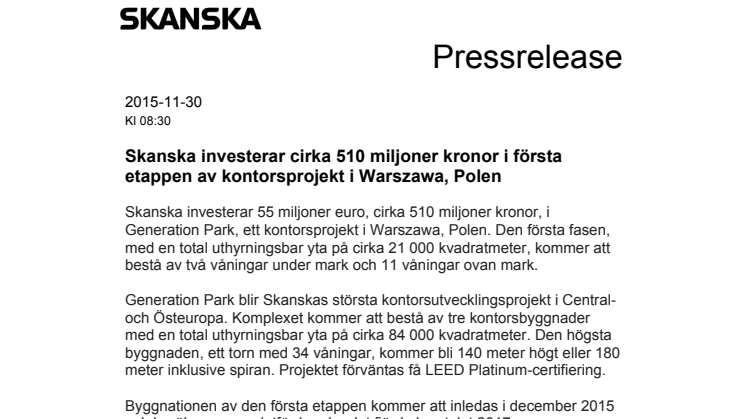 Skanska investerar cirka 510 miljoner kronor i första etappen av kontorsprojekt i Warszawa, Polen