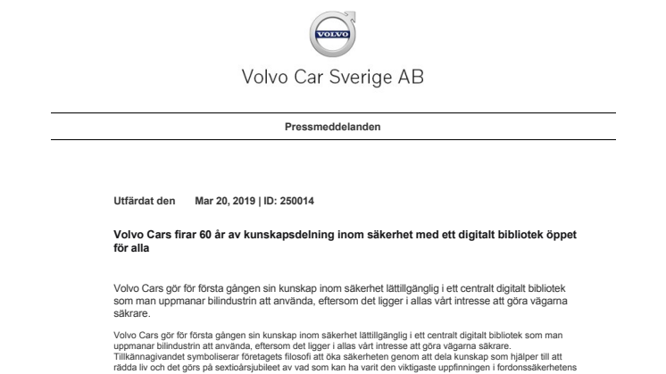 Volvo Cars firar 60 år av kunskapsdelning inom säkerhet med ett digitalt bibliotek öppet för alla