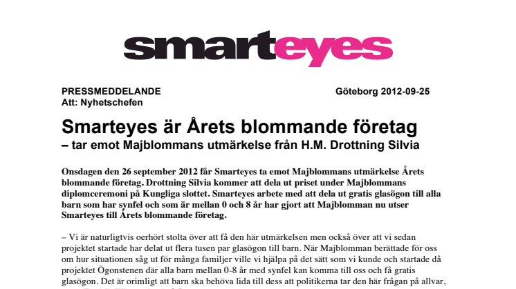 Smarteyes är Årets blommande företag  – tar emot Majblommans utmärkelse från H.M. Drottning Silvia