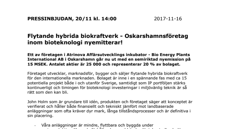 ​Flytande hybrida biokraftverk - Oskarshamnsföretag inom bioteknologi nyemitterar!