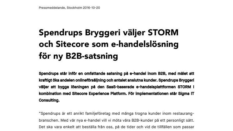 Spendrups Bryggeri väljer STORM och Sitecore som e-handelslösning för ny B2B-satsning
