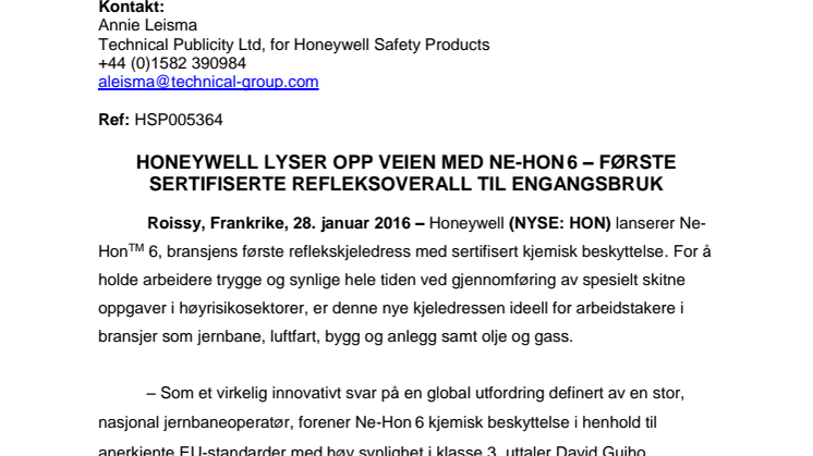 Honeywell lyser opp veien med Ne-Hon 6 – første sertifiserte refleksoverall til engangsbruk
