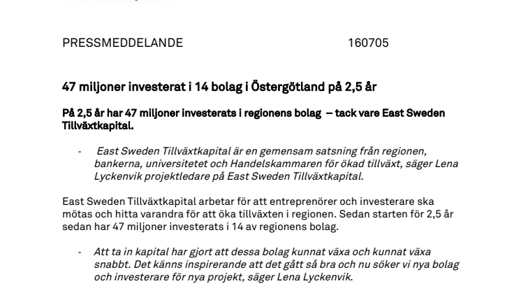 47 miljoner investerat i 14 bolag i Östergötland på 2,5 år