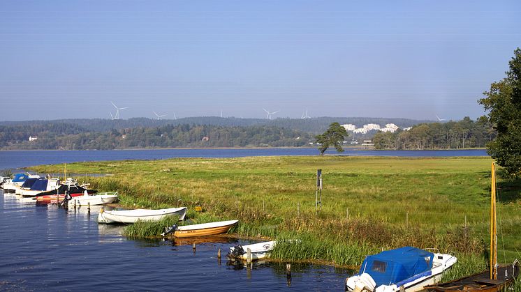 Den blivande vindkraftparken avtecknad mot horisonten sedd från sjön Mjörns strand. Till höger i bild ses ljusa högre bostadshus i centrala Alingsås. Fotomontage: Ecogain AB