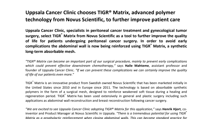 Uppsala Cancer Clinic chooses TIGR® Matrix, advanced polymer technology from Novus Scientific, to further improve patient care