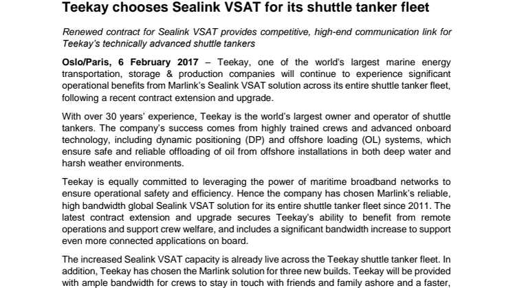 Marlink: Teekay chooses Sealink VSAT for its shuttle tanker fleet 