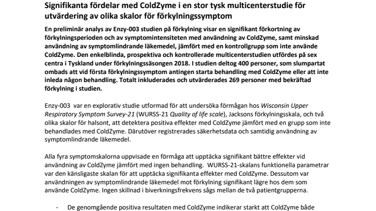 Signifikanta fördelar med ColdZyme i en stor tysk multicenterstudie för utvärdering av olika skalor för förkylningssymptom