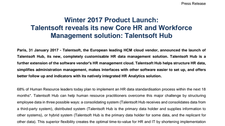 Winter 2017 Product Launch:  Talentsoft reveals its new Core HR and Workforce Management solution: Talentsoft Hub 