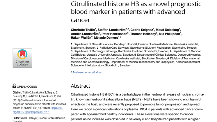 ”Citrullinated histone H3 as a novel prognostic blood marker in patients with advanced cancer.” 