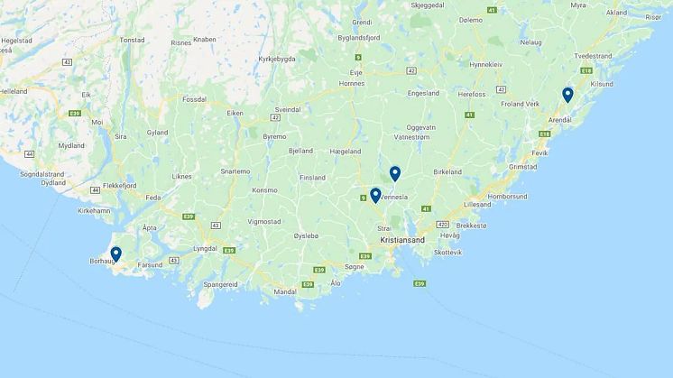 These four plots are shortlisted for Morrow Batteries gigafactory; Eyde Energy Park (Arendal), Lista (Farsund), Støleheia Sør (Kristiansand) and Otra (Vennesla).