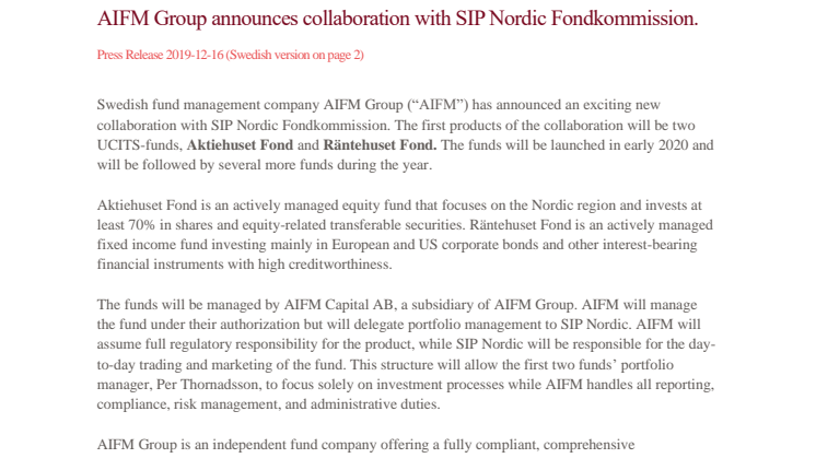 AIFM Group announces collaboration with SIP Nordic Fondkommission.