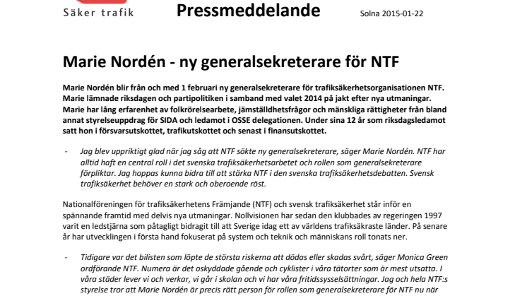 Marie Nordén - ny generalsekreterare för NTF