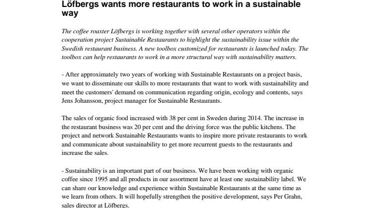 Löfbergs wants more restaurants to work in a sustainable way