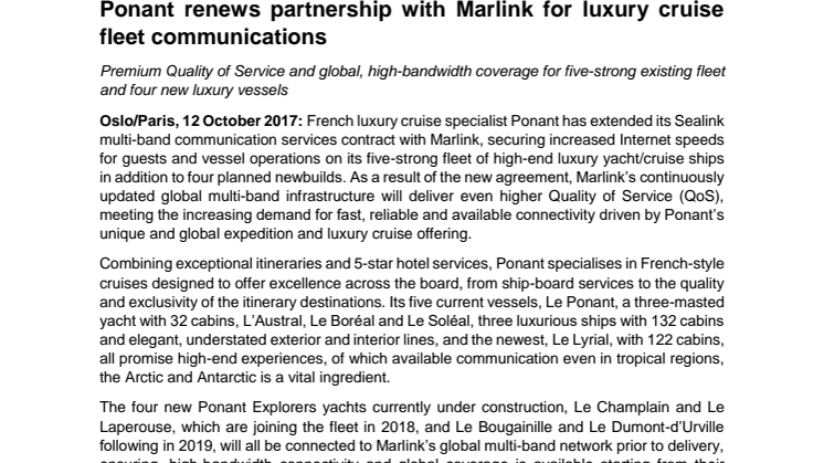 Marlink: Ponant renews partnership with Marlink for luxury cruise fleet communications