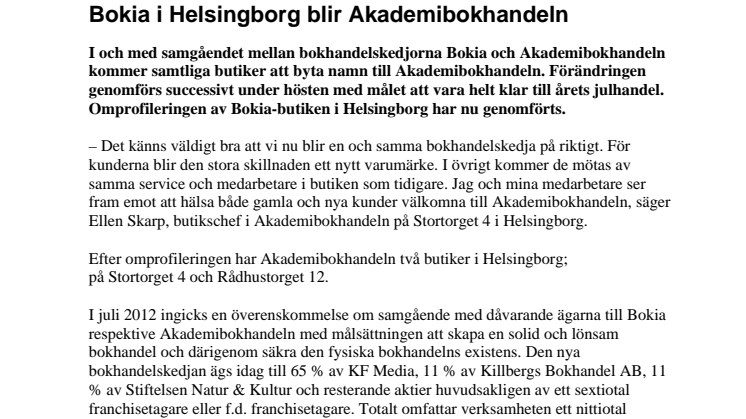 Bokia i Helsingborg blir Akademibokhandeln 