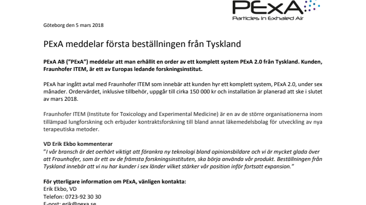 PExA meddelar första beställningen från Tyskland