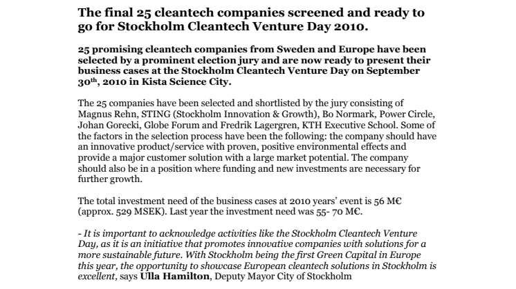 The final 25 cleantech companies screened and ready to go for Stockholm Cleantech Venture Day 2010