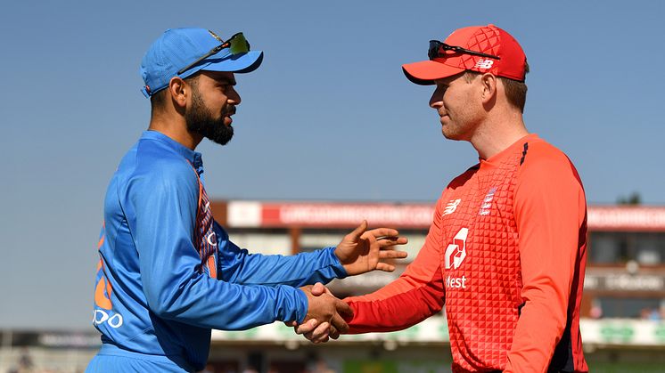 The captains meet ahead of the Vitality IT20 series. India's Virat Kholi (L) and England's Eoin Morgan.